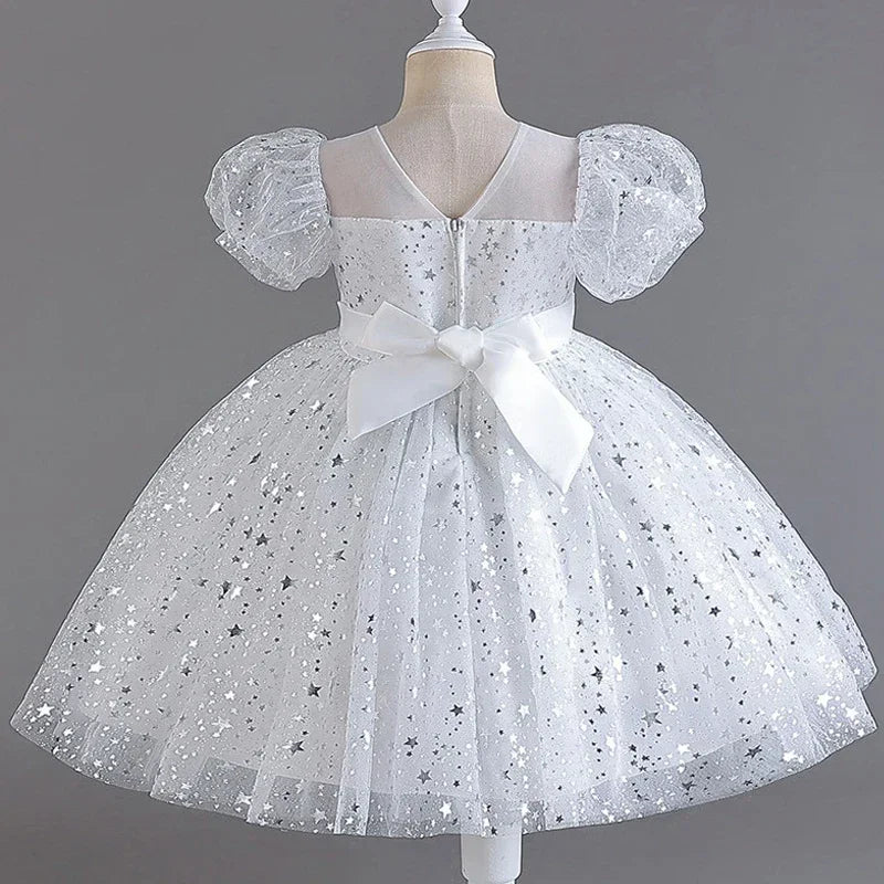 Summer Girls Dresses for Party and Wedding Lace Mesh Short Sleeve Girls Sequin Dress Fashion Girls Party Dress 4-10 Years