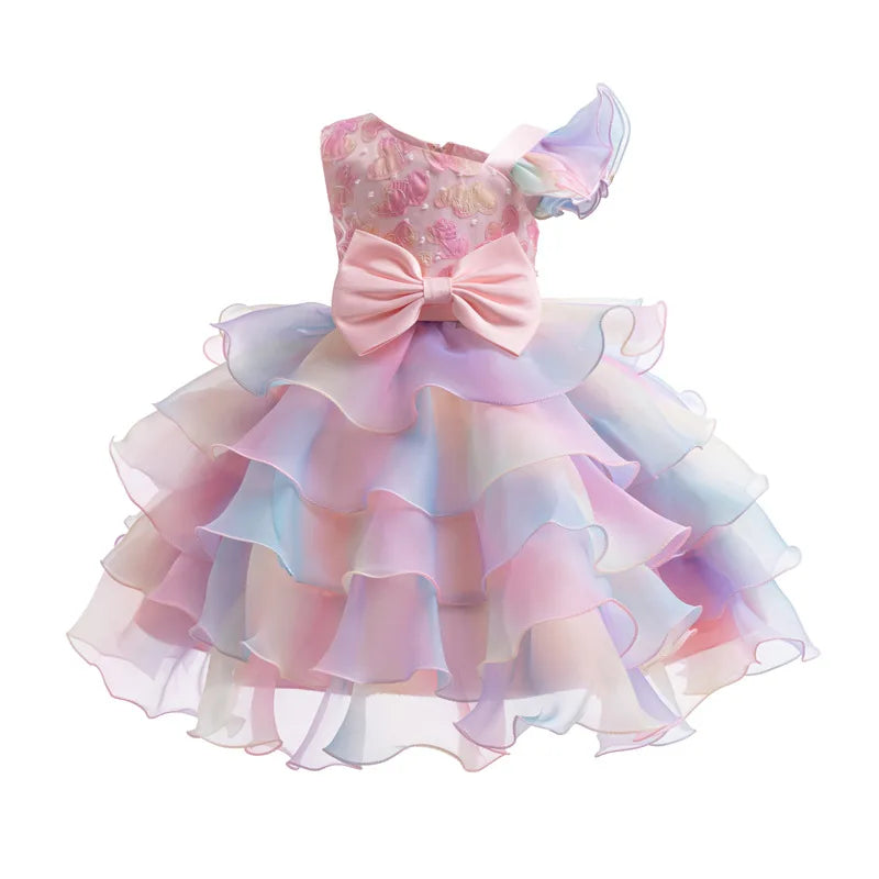 Party Dresses For Girls Rainbow Ruffle Big Bow Layered Sequin Princess Dress For Kids Wedding Birthday Party Pageant Formal Gown
