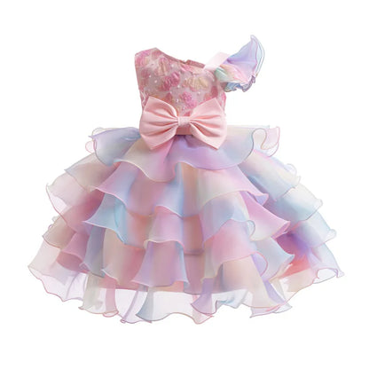 Party Dresses For Girls Rainbow Ruffle Big Bow Layered Sequin Princess Dress For Kids Wedding Birthday Party Pageant Formal Gown