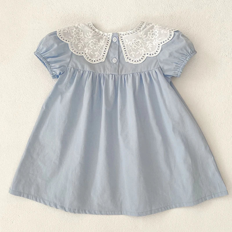 Baby Girls Dress Kids Summer Cute Flowers Dress 1-6 Yrs Children Fashion Doll Collar Princess Dress Blue Cotton Girl's Dresses