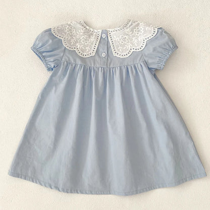 Baby Girls Dress Kids Summer Cute Flowers Dress 1-6 Yrs Children Fashion Doll Collar Princess Dress Blue Cotton Girl's Dresses
