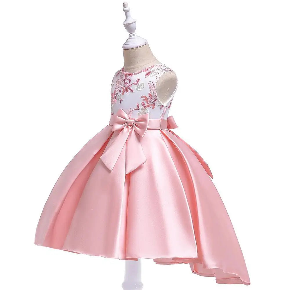 Party Prom Dress For Girls Flower Embroidery Princess Dresses Children Satin Bow Dovetail Dress For Kids Birthday Wedding Gown