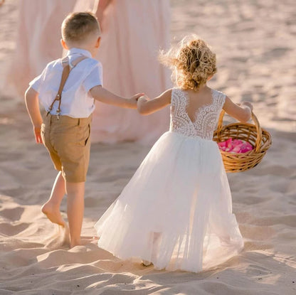 New Girls' Long-Sleeved Lace Gauze Dress Children's Evening Dress Wedding Flower Girl Sweet Lovely Versatile Dress