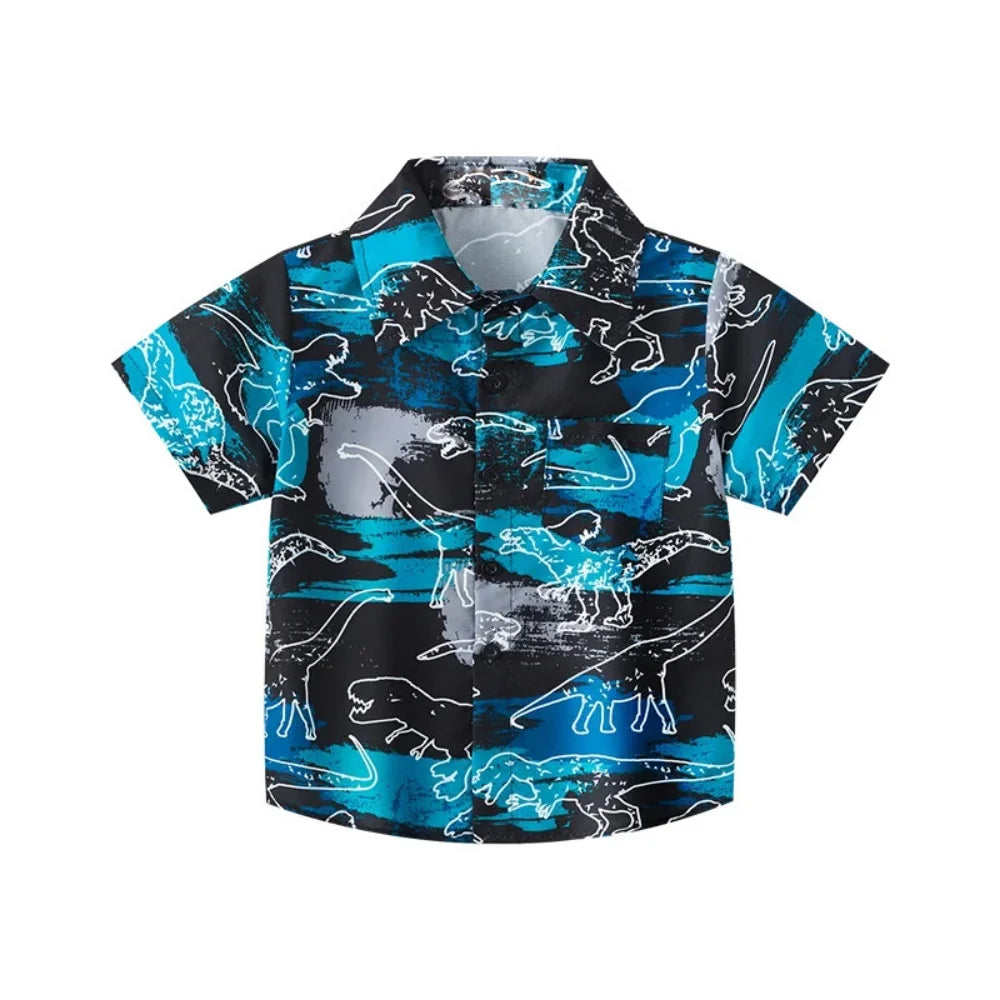 Summer Boys Shirt Hawaiian Beach Graphic Print Children's Blouse Casual Short Sleeve Holiday Lapel Top Girl Blouse Kids Clothes
