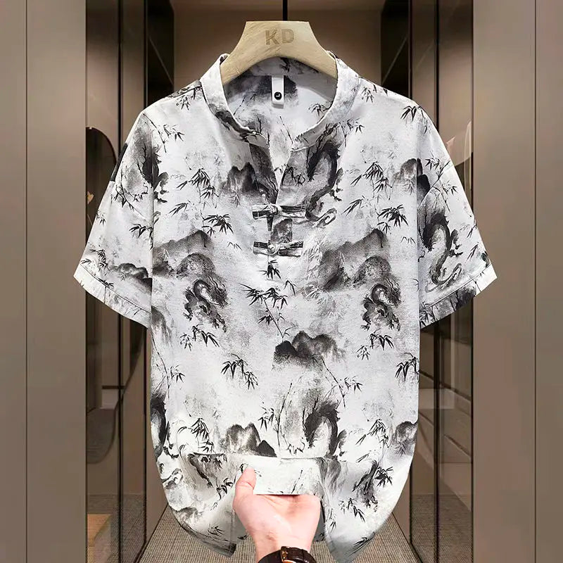 New Chinese Short-sleeved Men Trendy Versatile T-shirt in Summer Retro Stand Collar Thin Fashion Pullover (Available)