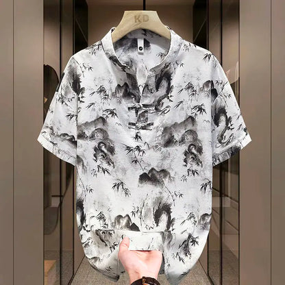 New Chinese Short-sleeved Men Trendy Versatile T-shirt in Summer Retro Stand Collar Thin Fashion Pullover (Available)