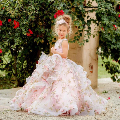 Customized Flower Girl Dresses For Weddings Pink Sleeveless Ruffled Tiered Princess Pageant Gowns Party Tulle Kid Prom Dress
