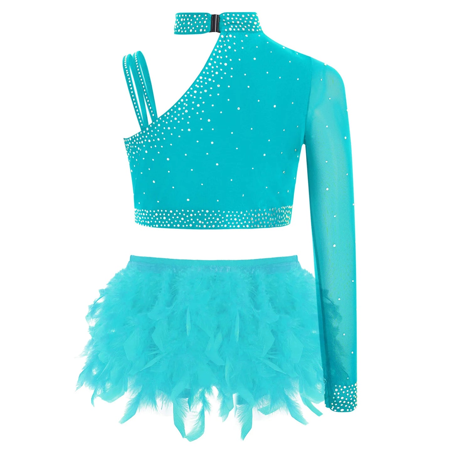 Girls Modern Dance Dress 2 Piece One-shoulder Sleeve Rhinestone Crop Top And Feather Skirts Sets Dance for Stage Performance