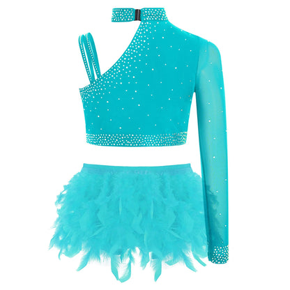 Girls Modern Dance Dress 2 Piece One-shoulder Sleeve Rhinestone Crop Top And Feather Skirts Sets Dance for Stage Performance
