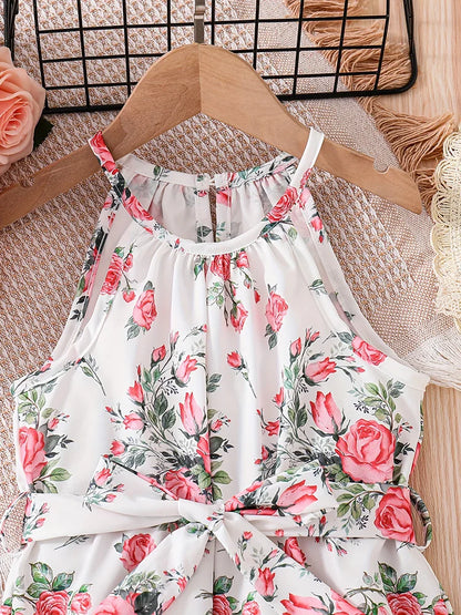 Girls' Summer Romantic Floral Pattern Spliced Dress   Ruffle Hem Belt Casual Vacation Halter Dress