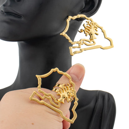 Trendy Round Jewelry Sets Statement Earrings for Women Gold Color Geometry Adjustable Ring Africa Senegal Map Jewellry Accessory
