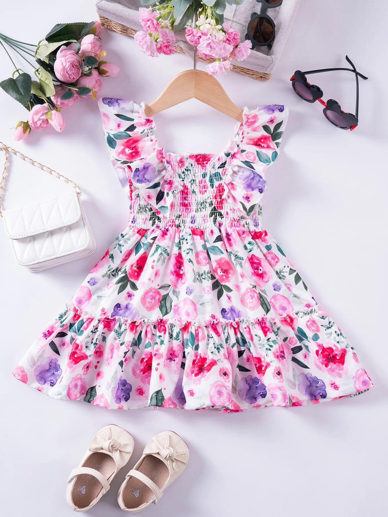1 - 7 Y Baby Girls Sweet Floral Dress with Ruffled Sleeves & Smocked Waist - Perfect for Party & Summer Wear for Kids Girl Dress