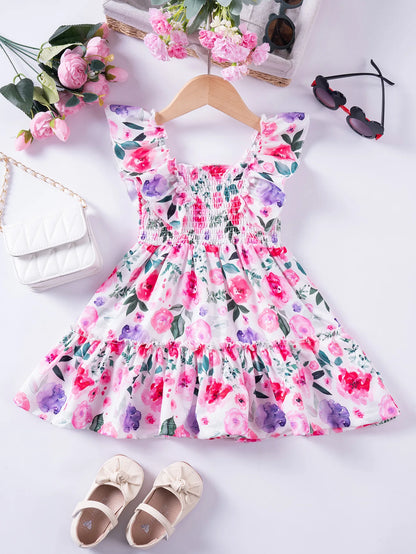 1 - 7 Y Baby Girls Sweet Floral Dress with Ruffled Sleeves & Smocked Waist - Perfect for Party & Summer Wear for Kids Girl Dress