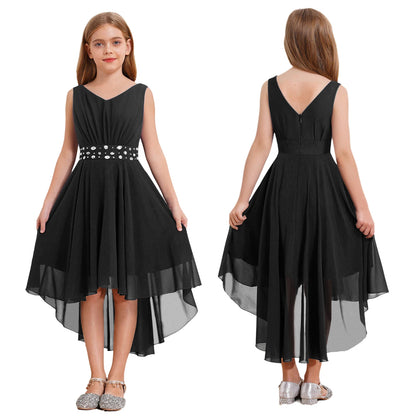 Summer Girls Festive Dress Hi-Lo Tulle Sleeveless Shiny Beaded Dress Flower Kids Wedding Pageant Clothing Evening Communion Gow