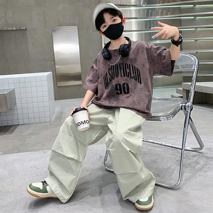 Boys Summer Clothing Top and Bottom Set For Teens Children Casual Cotton Outfit Suit Brown Color Kids Cotton Clothes Set