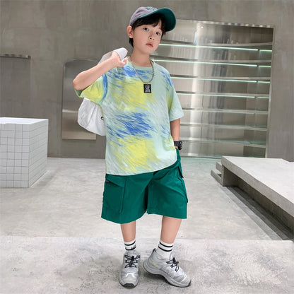 Summer  Boys Shorts Short Sleeve Shorts Handsome High Quality Leisure Sports Simple Two-piece Set.4-16year