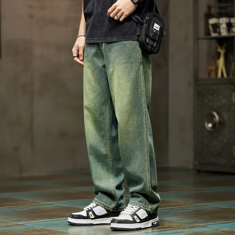 College Boys Loose Casual Pants Retro Blue Street Fashion Splicing Jeans Hiking Wide Leg Baggy Jeans Brand Men's Clothing