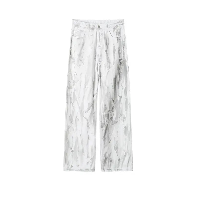 Jeans Mens Classic Straight Leg Jeans White Tie Dye Denim Pants Unisex Fashion Casual Trousers Streetwear Hip Hop Style Washed