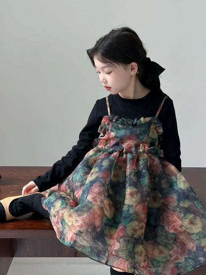 Girls Casual Dresses Autumn Girl Black T-shirt Camisole Flower Mesh Gauze Suit Princess Simple Printing Loose Beautiful 2024