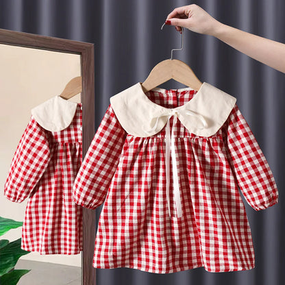 Girl's Sweet  Princess Dress Children Spring Autumn Baby Infants Bow Plaided Patchwork Party Dresses Vestidos Kids