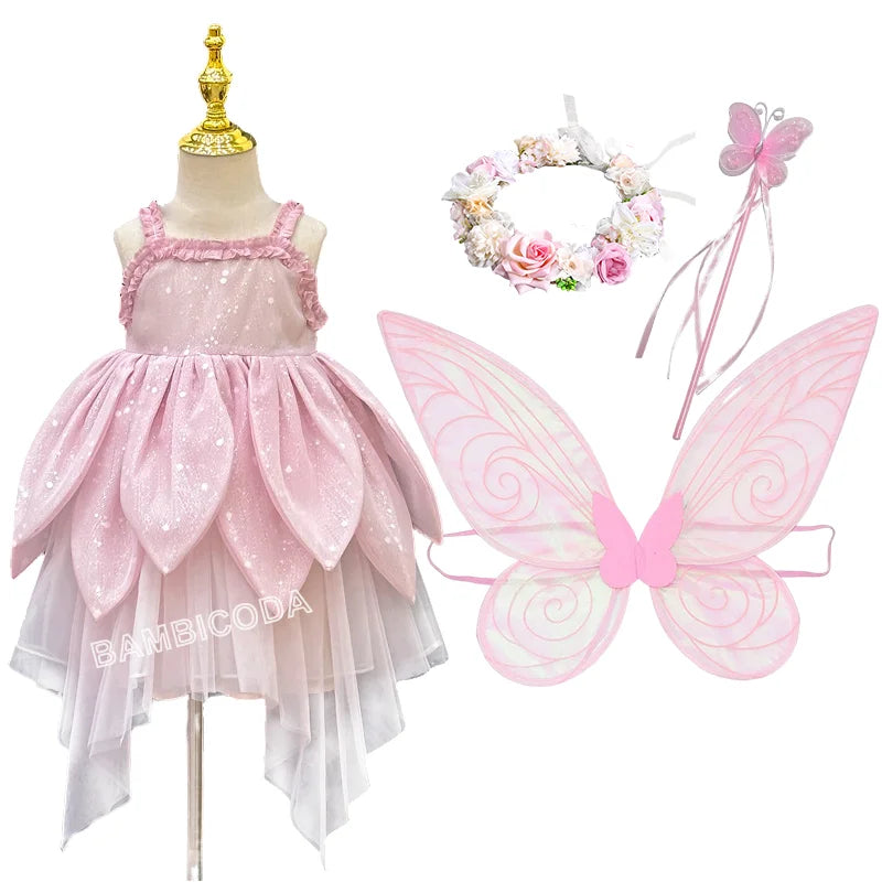 Flower Fairy Girl Dress Vest Sleeveless Shoulder Strap Suspender Princess Petal Skirt Magic Elves Halloween Dress