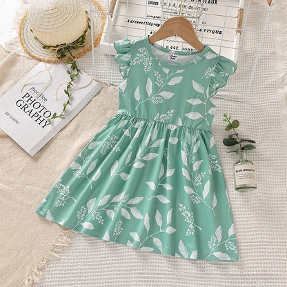 Baby Girls' Summer Sweet Fresh Dress: Leaf-Print Flutter-Sleeve A-Line Skirt – Comfortable & Breathable Sleeveless Outfit