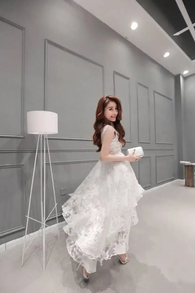 Summer High Low Retro Dress Vintage Women Sleeveless Front Back Short Long Organza Lace Dress Ladies Elegant Party Dress  (Available)