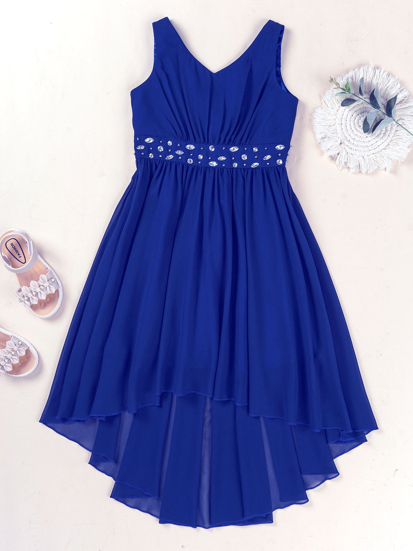 Summer Girls Festive Dress Hi-Lo Tulle Sleeveless Shiny Beaded Dress Flower Kids Wedding Pageant Clothing Evening Communion Gow