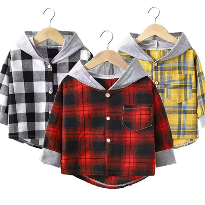 Spring and Autumn Children's Coat plaid boy shirt hooded plaid shirt 2-12 year old girl long sleeved coat baby clothes (Available)