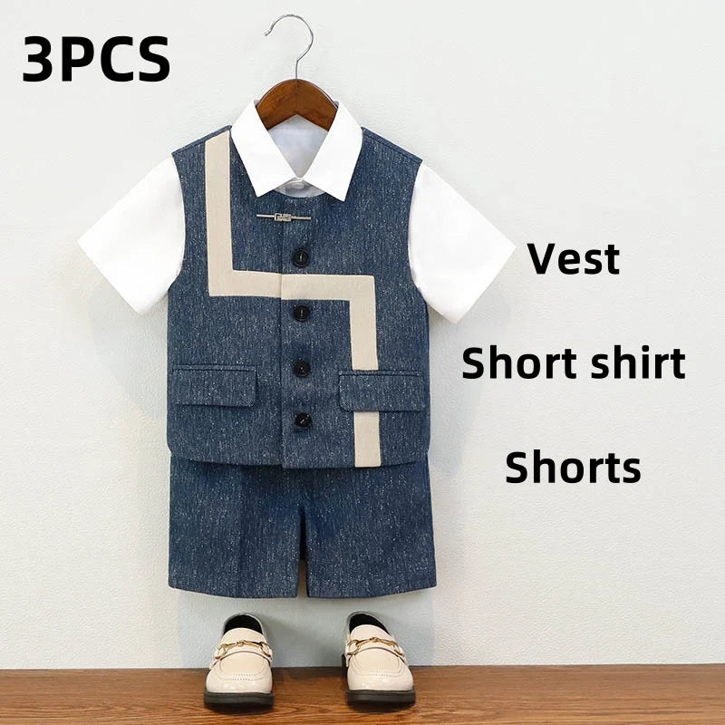 Summer Children Boys Suit Set Stylish Flower 1-10Y Boys Formal Wedding Suit Outfit Spliced Kids Baby Boys Vest Shirt Shorts Suit