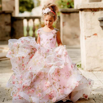 Customized Flower Girl Dresses For Weddings Pink Sleeveless Ruffled Tiered Princess Pageant Gowns Party Tulle Kid Prom Dress
