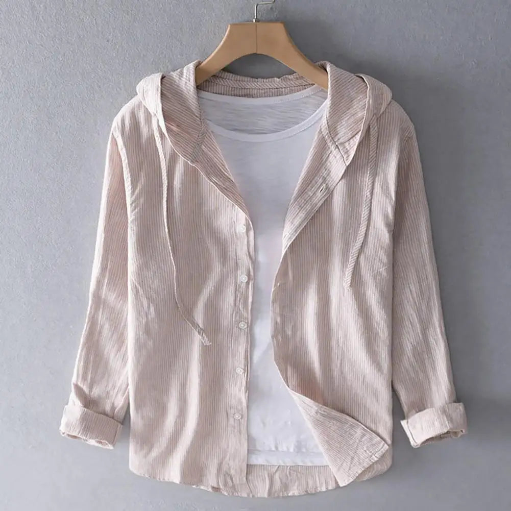 Men Summer Shirt Sun Anti UV Long Sleeve Hooded Drawstring Single breasted Soft Loose Breathable Cardigan Coat Top (Available)