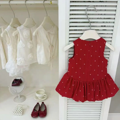 Girls Summer Dresses 2025 New Fashionable Casual Daily Sleeveless Floral Print Lightweight Red Bud Dress with Hair Band