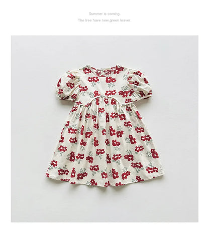 2025 Summer Kids Girls Dresses Short Sleeve A Line Girls Dresses Floral Print Pleated Dress For Girl