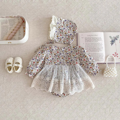 Newborn Girl Romper  Lace Cut Out Floral Dress   Long Sleeved+ Hat Baby Girl Bodysuit Baby Clothes 0-24 Months