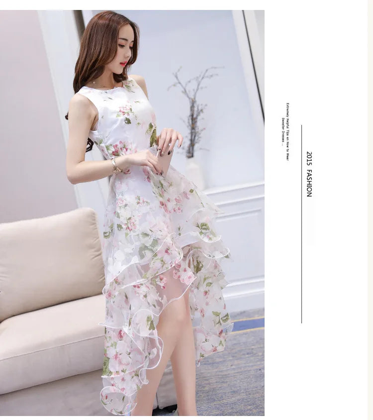 Summer High Low Retro Dress Vintage Women Sleeveless Front Back Short Long Organza Lace Dress Ladies Elegant Party Dress  (Available)