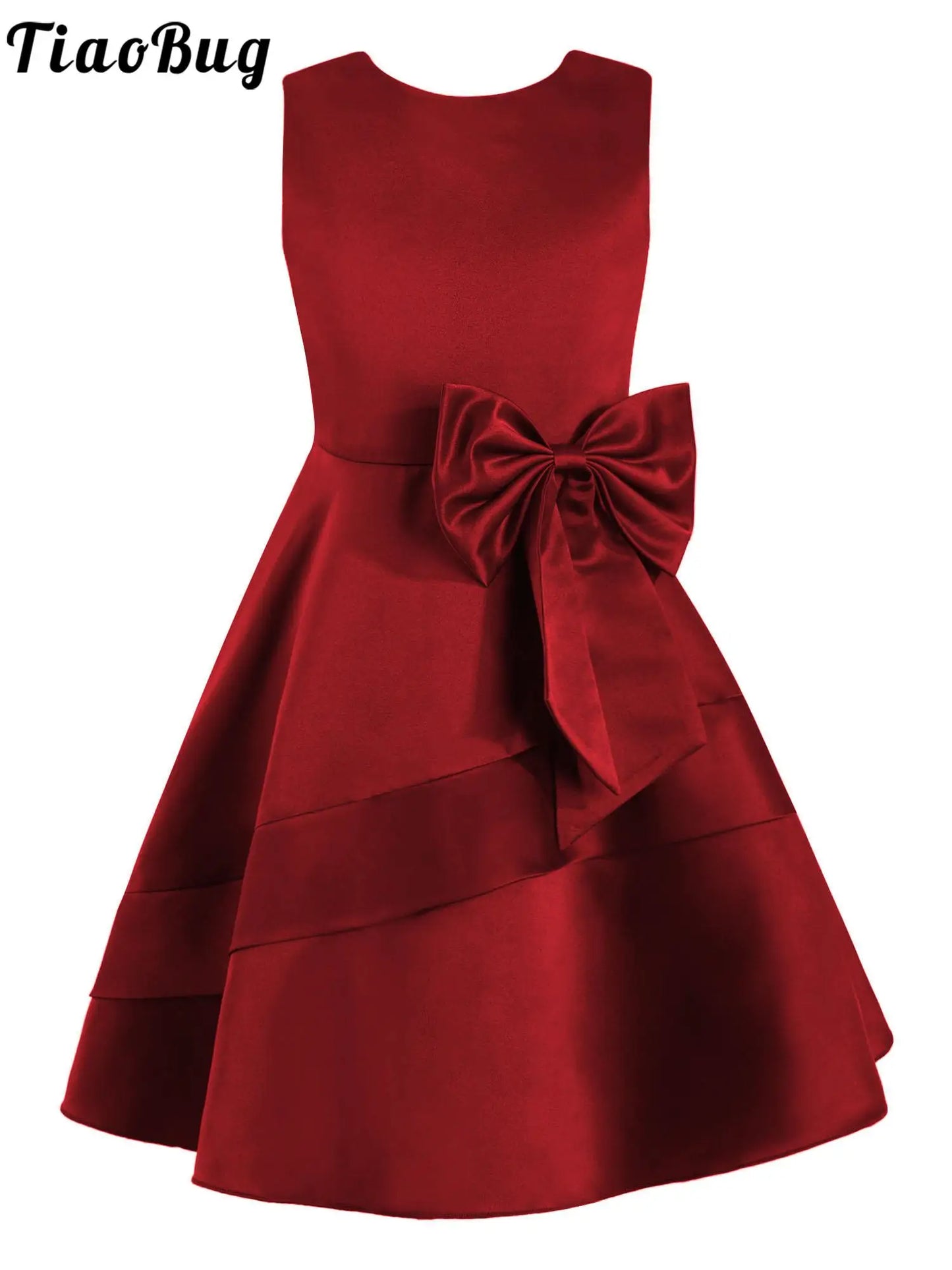 Flower Girl Dress for Kid Wedding Junior Bridesmaid Communion Party Pageant Sleeveless Big Bowknot Decor Satin A-Line Dresses