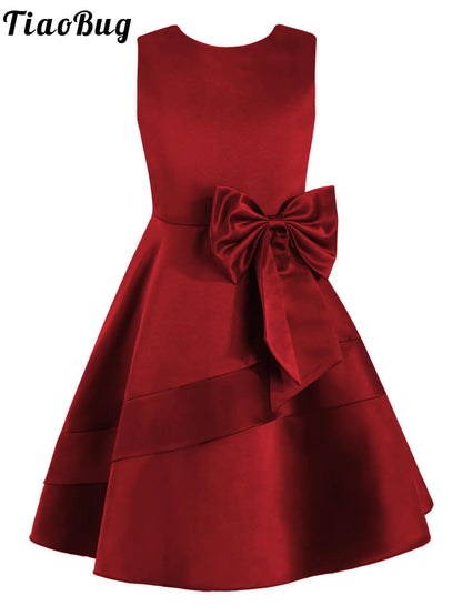 Flower Girl Dress for Kid Wedding Junior Bridesmaid Communion Party Pageant Sleeveless Big Bowknot Decor Satin A-Line Dresses