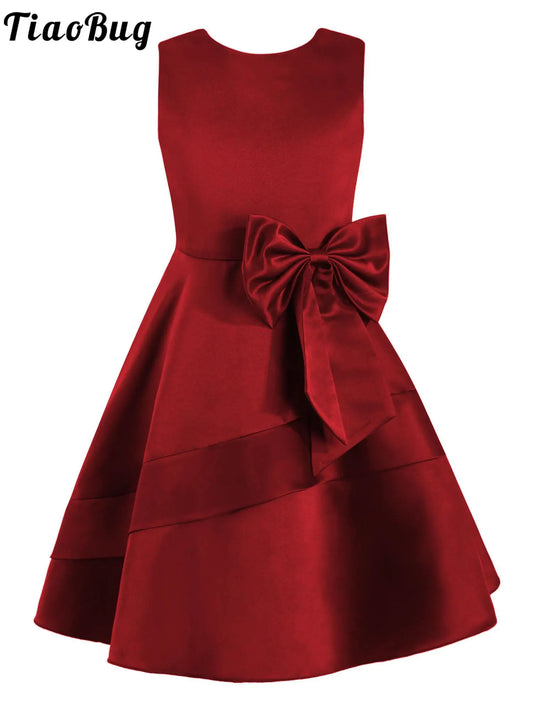 Flower Girl Dress for Kid Wedding Junior Bridesmaid Communion Party Pageant Sleeveless Big Bowknot Decor Satin A-Line Dresses
