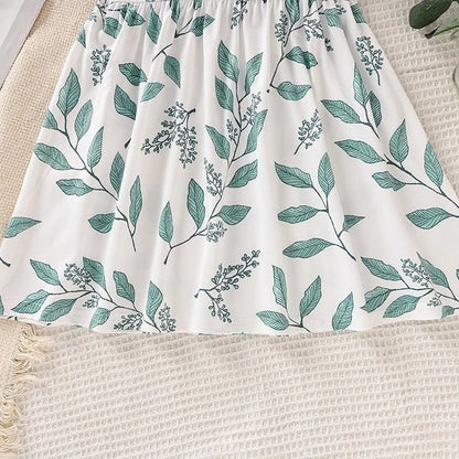 Baby Girls' Summer Sweet Fresh Dress: Leaf-Print Flutter-Sleeve A-Line Skirt – Comfortable & Breathable Sleeveless Outfit