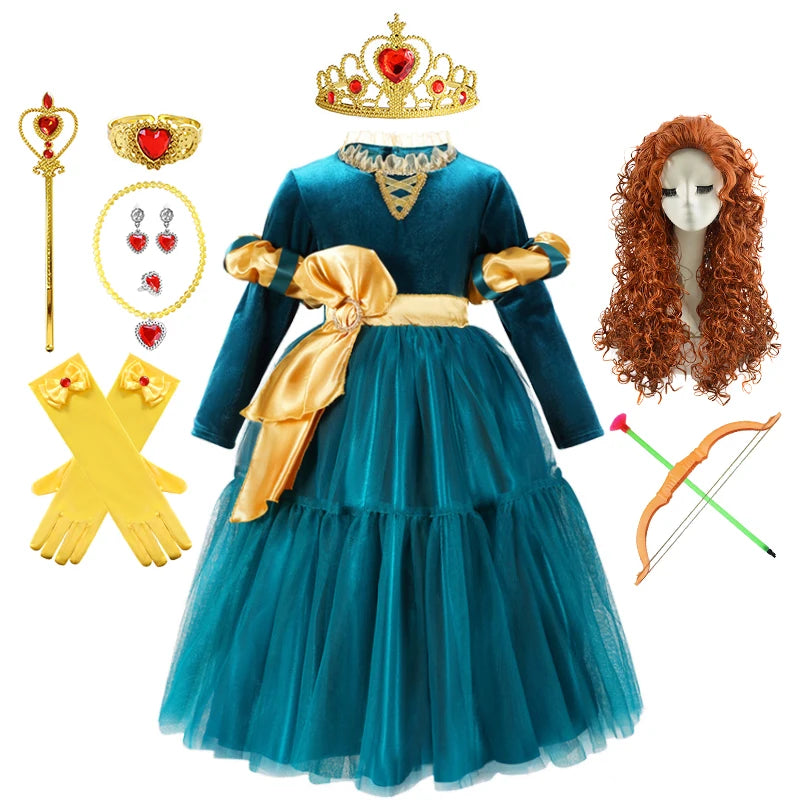 New Cartoon Movie Girls Princess Merida Dress Halloween Brave Princess Costume Children Green Velvet Long Sleeve Vintage Clothes