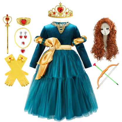New Cartoon Movie Girls Princess Merida Dress Halloween Brave Princess Costume Children Green Velvet Long Sleeve Vintage Clothes