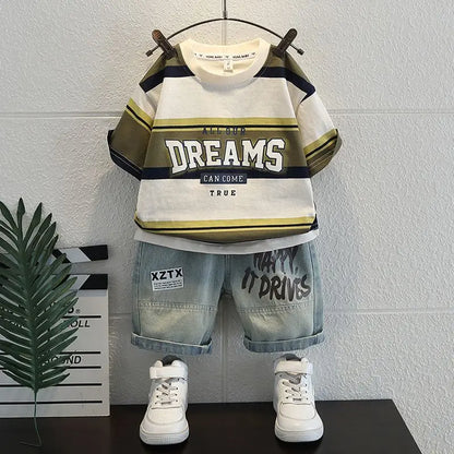 Summer Baby Boys Fashion High Quality Set Cotton Boy Short Sleeved Hole T-shirt + Denim Shorts Kids Loose Casual Clothes 2-11Y