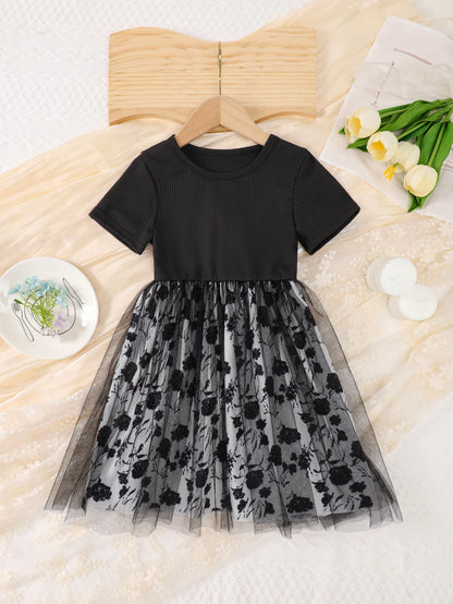 New Summer Outdoor Dress For Girls: Children's Black Striped Top Flower-Printed Mesh Long Dress
