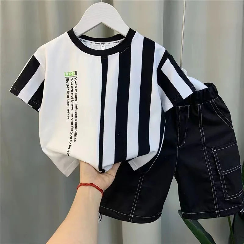 Summer Boy Clothing New Children's Clothes Set Boys Short Sleeve Striped T-Shirt+Shorts 2 Piece Set Kids 1-8T Sportswear Suit (Available)