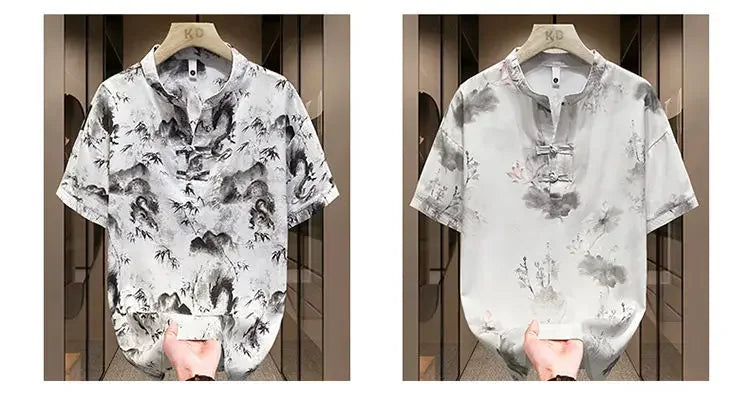 New Chinese Short-sleeved Men Trendy Versatile T-shirt in Summer Retro Stand Collar Thin Fashion Pullover (Available)