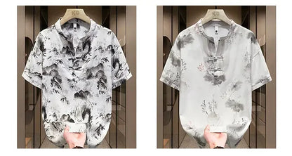 New Chinese Short-sleeved Men Trendy Versatile T-shirt in Summer Retro Stand Collar Thin Fashion Pullover (Available)
