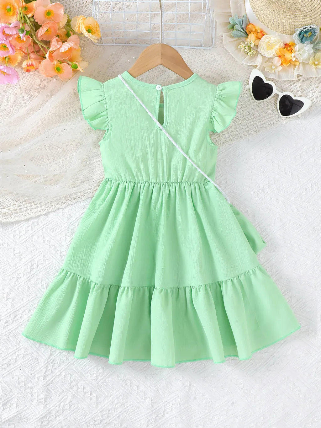 Summer Green Dress for Girls 1-6Years Sleeveless A-Line Children's Dresses with 3D Woolen Flower+Small Satchel Holiday Clothes