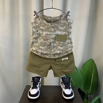 Boys Summer Vest Set New Fashionable Baby Handsome Fashion Sleeveless T-shirt Shorts Two Piece Set Children's clothing set