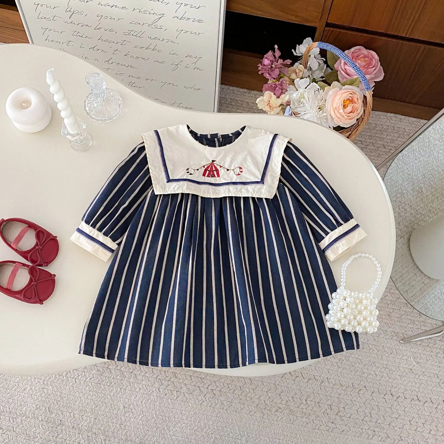 Baby Girl's Dress 2025 Autumn New Retro Children's Embroidered Dress Striped Long-sleeved Princess Dresses